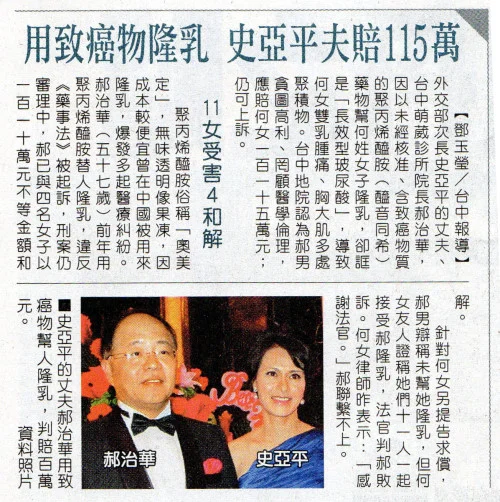 問題出在哪裡? 聚丙烯醯胺隆乳 7 聚丙烯醯胺隆乳醫師判賠115萬 (蘋果日報資料)