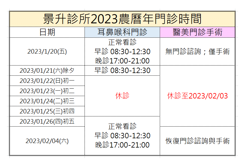 景升診所門診時間 & 聯繫方法 - 景升診所 景升診所 自體脂肪論文 連續七年刊登國際期刊 景升診所門診時間 & 聯繫方法 2023lunarsyear門診時間