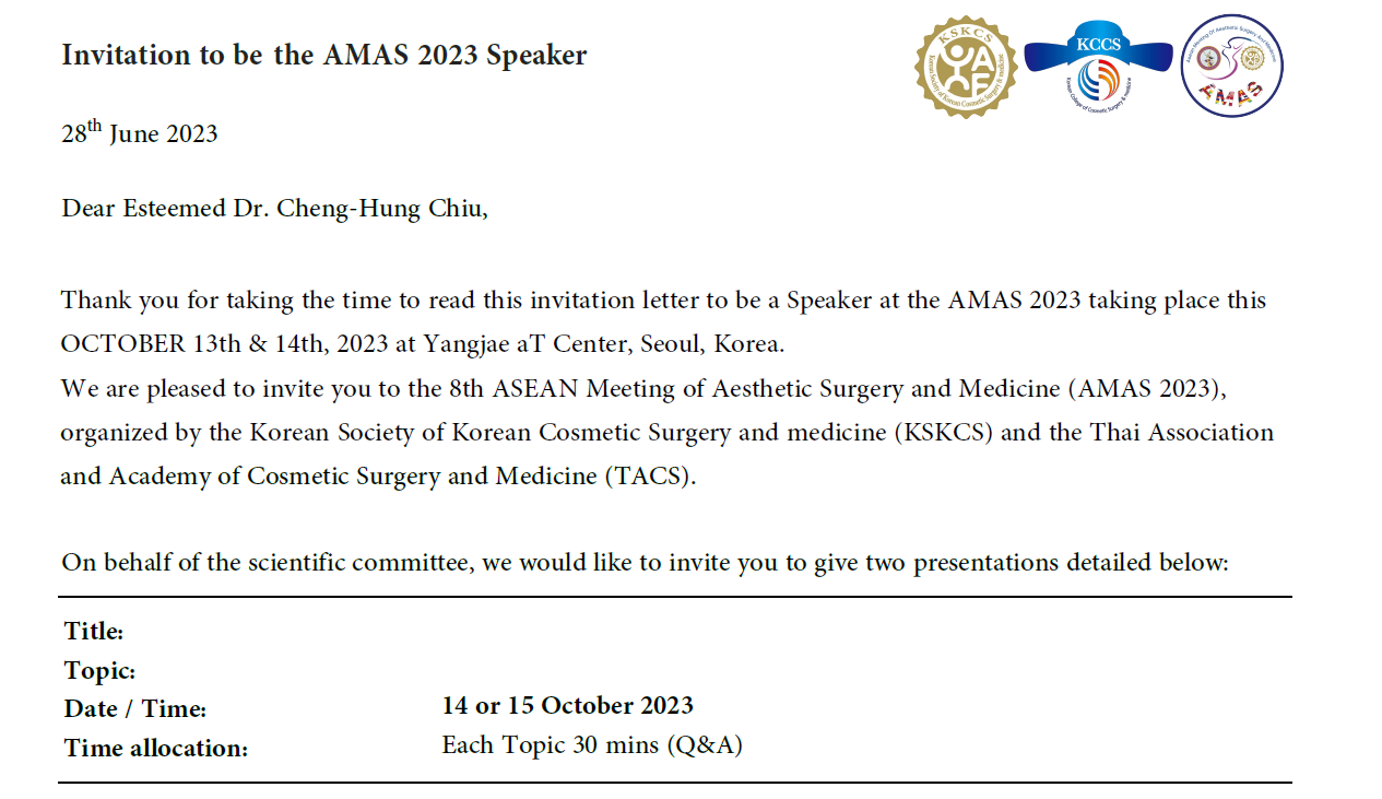 邱正宏醫師受邀「亞洲東協整形外科和醫學會議」擔任醫學會主講者。